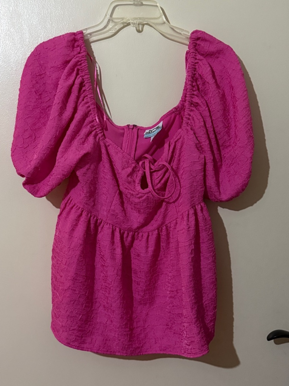 Bright Pink Puff-Sleeve Tie-Front Blouse